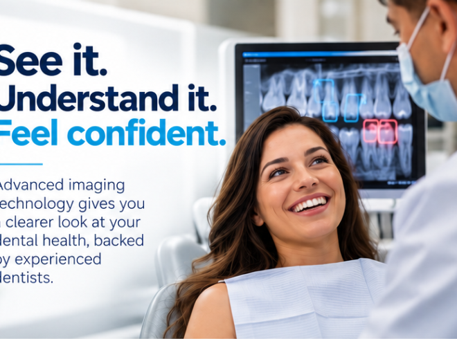 A smiling patient in a dental chair talks with a masked dentist as a monitor shows a digital X-ray with highlighted teeth.